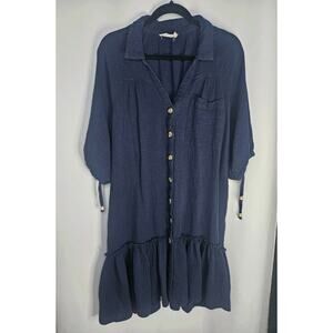 MILLIBON USA Dress Womens Large Tiered Navy Shirtdress Boho Cottagecore